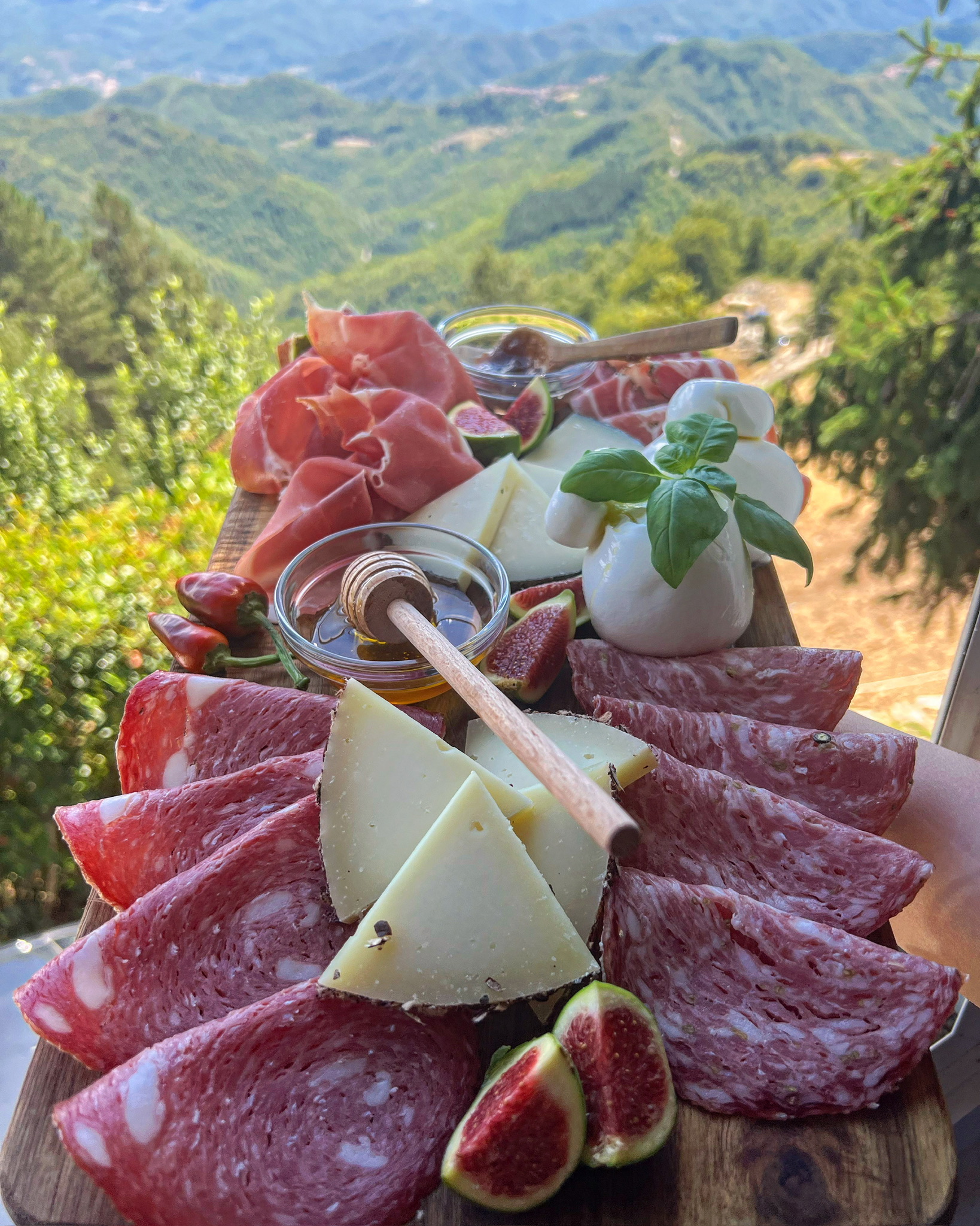Tagliere con salumi, formaggi, miele e fichi